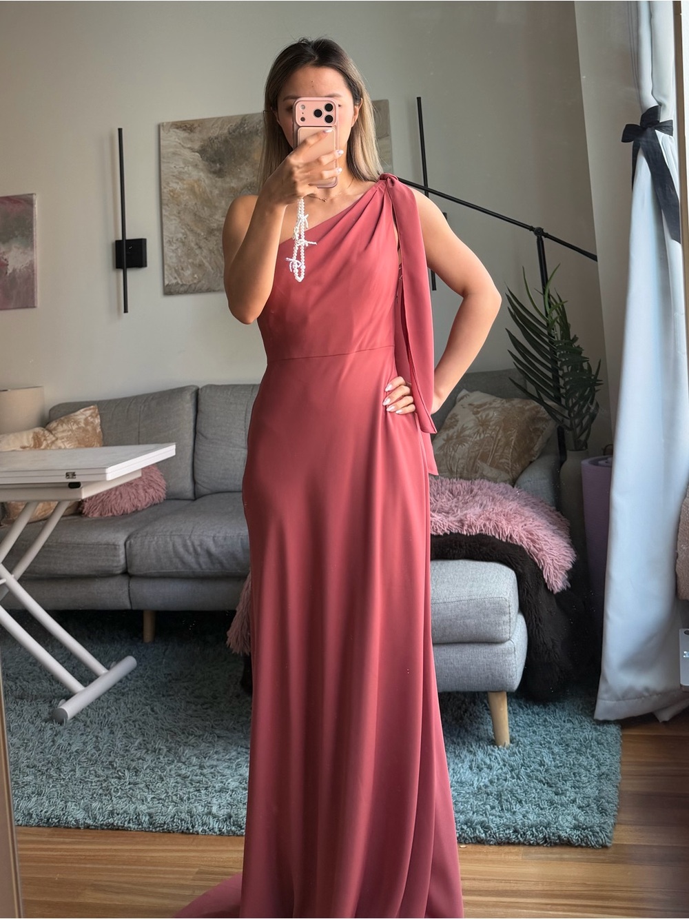 Jenny Yoo One-Shoulder Rust Rose Evening Gown